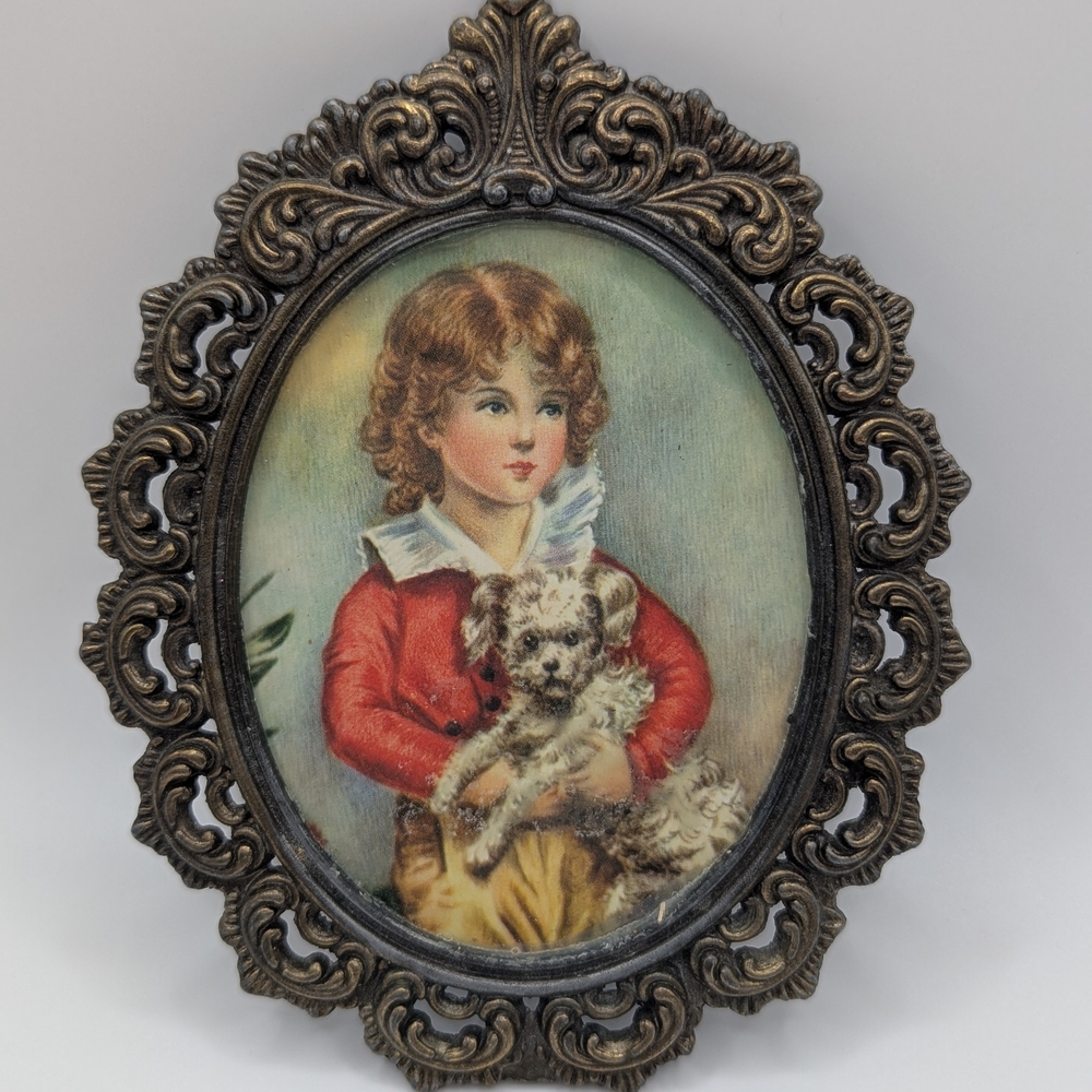 Master Simpson Oval Brass Ornate Picture Of Boy And Dog. Vintage- Made In Italy